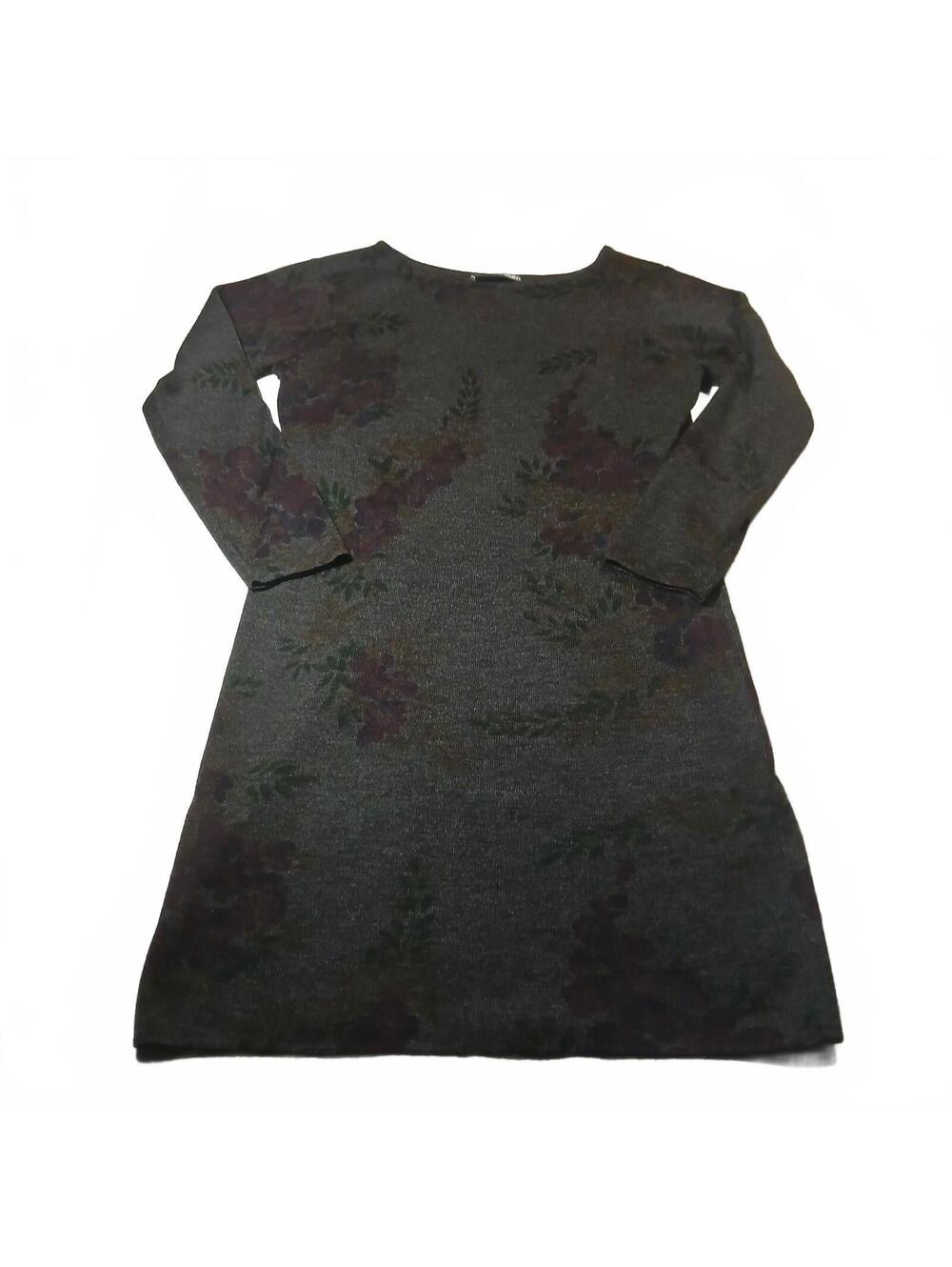 Vintage Nina Leonard Wool Petite Dark Floral Knit Sweater Dress Womens PL Retro
